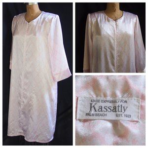 vtg KASSATLY Palm Beach Pink Floral Zip Up Satin Glam Lounge Robe Caftan Dress S